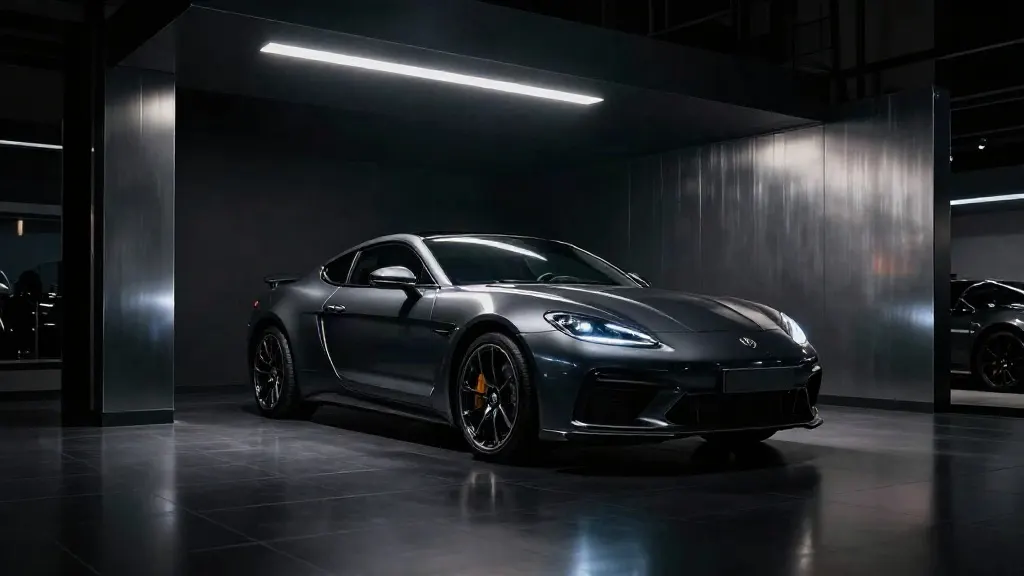 Mașină sport gri închis expusă sub o lumină liniară într-un showroom întunecat